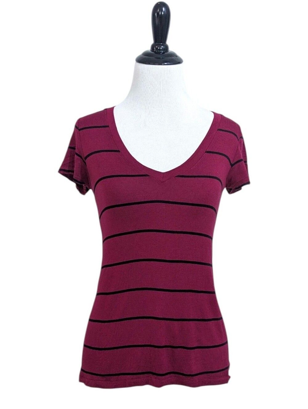 Soft V-Neck Tee from Timing - Burgundy & Black Stripes - Size Small Womens